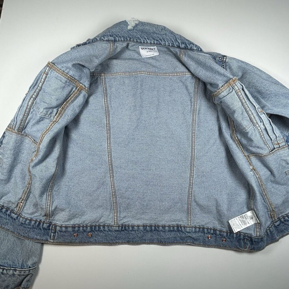 Old Navy Denim Jean Jacket Blue Distressed Cotton Trucker Western Women Med Tall - Picture 13 of 16